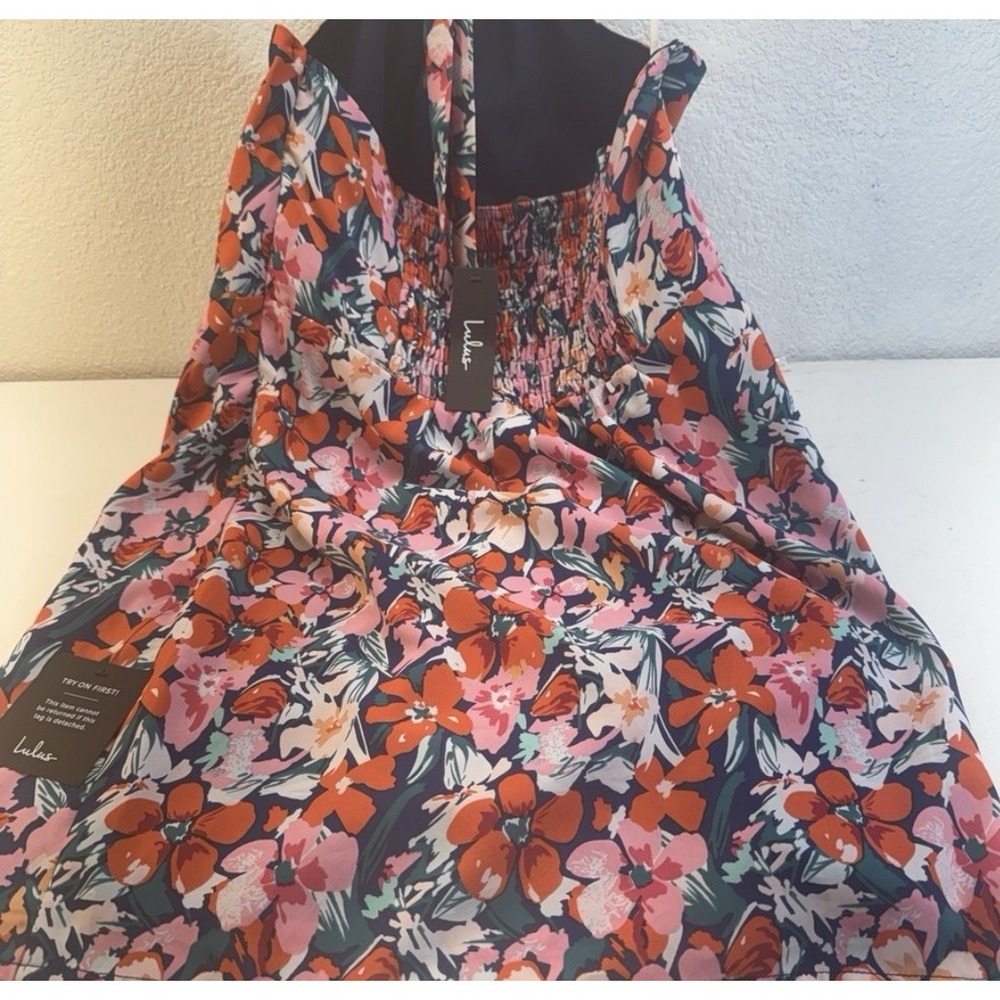 Lulus Floral Dress XL Navy Pink Orange Sleeveless Smocked Bodice A-Line NWT